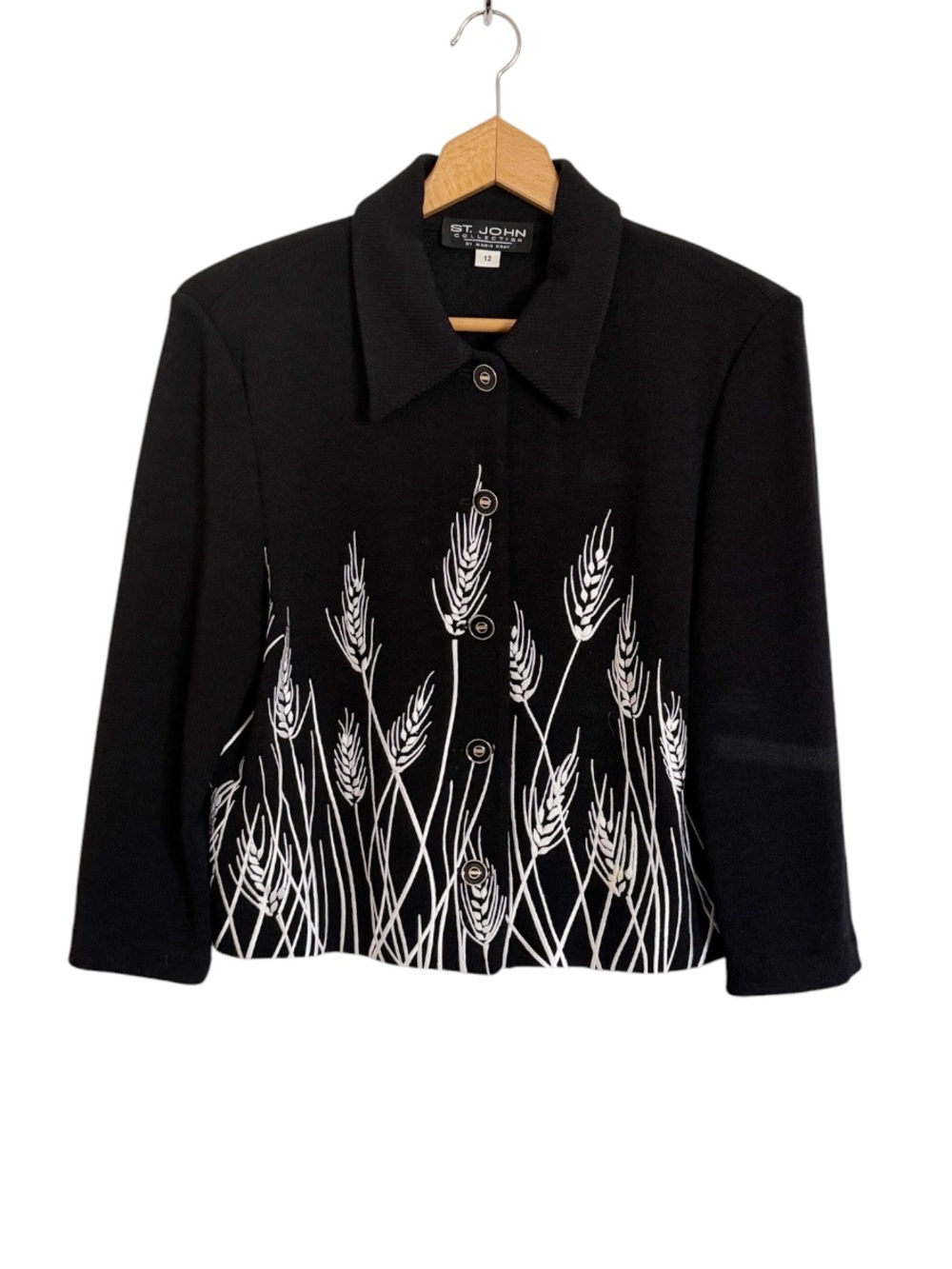 St. John Collection Black White Wheat Grass Embroidered Knit Blazer Jacket sz 12